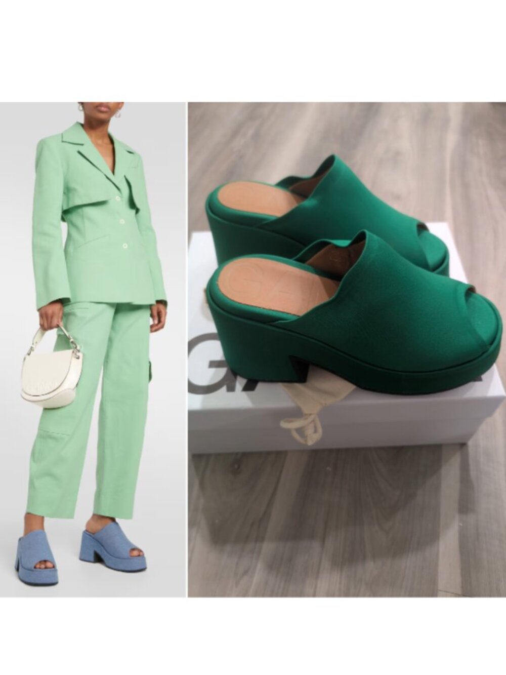 GANNI | Retro Satin Platform Wedge Mule In Kelly Green EU 38